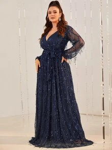 YISIKADO Plus Women Sequin Fringe Elegant Evening Dress Sexy Deep V Neck Mesh Maxi Dress Belted Long Sleeve Prom Party Dress Long Dress Wedding Guest Dinner Graduation - Navy Blue - View 5
