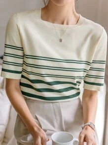 DAZY 条纹针织上衣，返校服 - 米色 - 查看 1