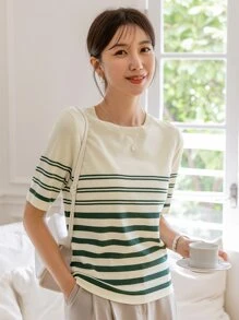 DAZY 条纹针织上衣，返校服 - 米色 - 查看 4