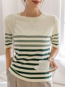 DAZY 条纹针织上衣，返校服 - 米色 - 查看 5