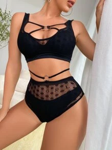 Classic Sexy Contrast Dobby Mesh Cut Out O-ring Teddy Bodysuit - Black - View 4