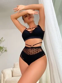 Classic Sexy Contrast Dobby Mesh Cut Out O-ring Teddy Bodysuit - Black - View 2