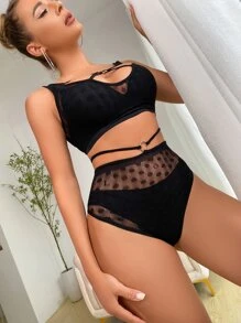 Classic Sexy Contrast Dobby Mesh Cut Out O-ring Teddy Bodysuit - Black - View 5