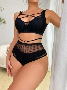 Classic Sexy Contrast Dobby Mesh Cut Out O-ring Teddy Bodysuit - Black - View 3