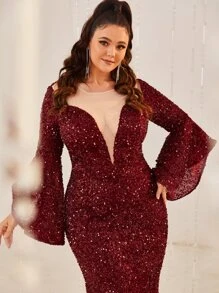 YISIKADO 大碼深V領高衩亮片舞會連衣裙 - 酒紅色 - 查看 3