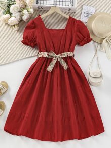 Niñas Vestido con cinturón ribete con fruncido de manga farol - Rojo - Ver 2