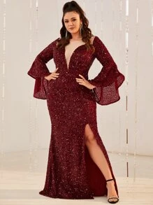 YISIKADO 大碼深V領高衩亮片舞會連衣裙 - 酒紅色 - 查看 6