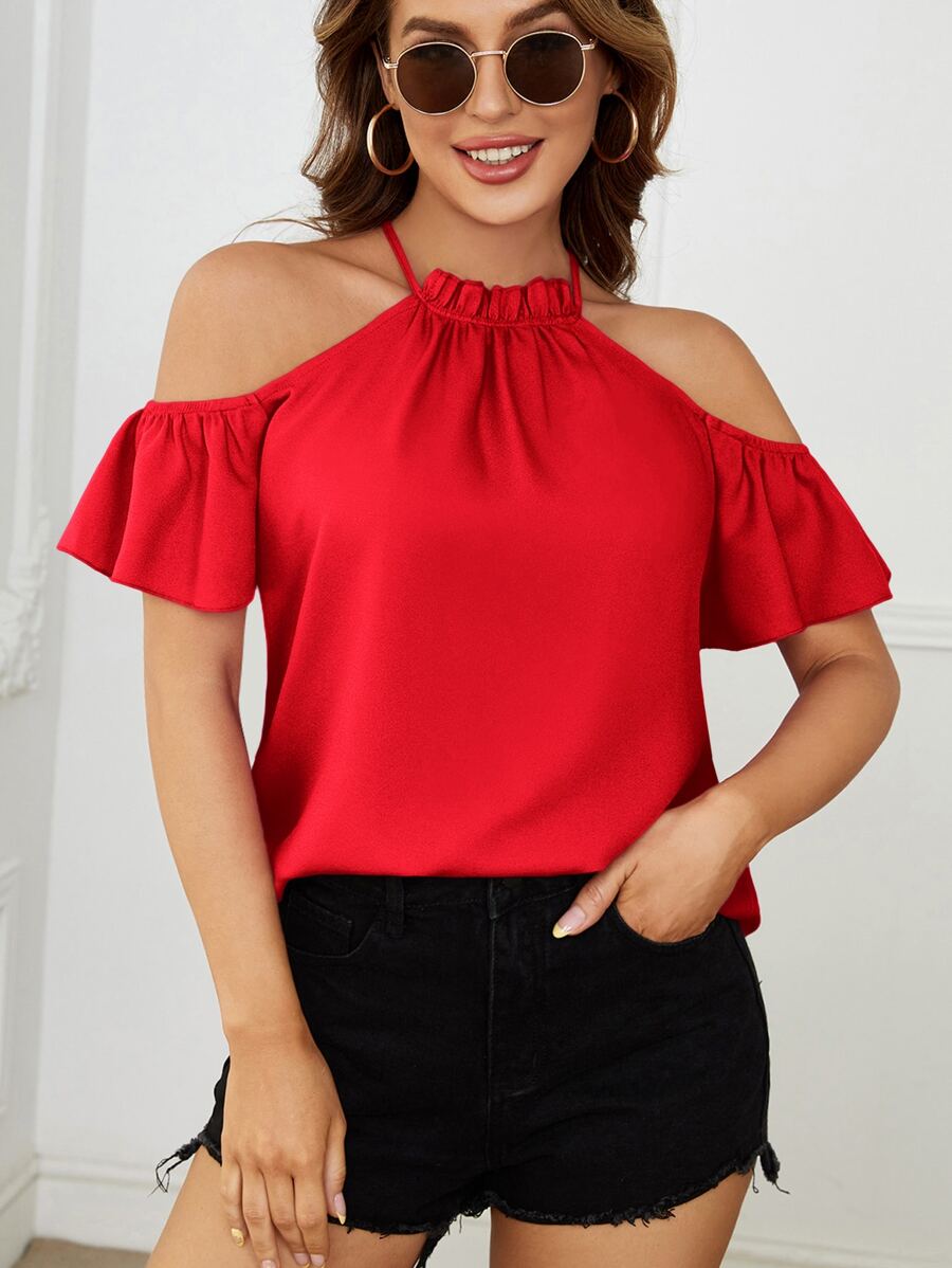 SHEIN Clasi 螢光黃褶邊挖肩襯衫 - 紅色 - 查看 1