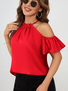 SHEIN Clasi 螢光黃褶邊挖肩襯衫 - 紅色 - 查看 3