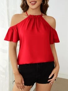 SHEIN Clasi 螢光黃褶邊挖肩襯衫 - 紅色 - 查看 6