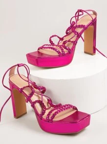 Shiny Metallic PU Lace Up Heel Sandals - Red Violet - View 2