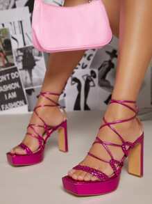 Shiny Metallic PU Lace Up Heel Sandals - Red Violet - View 4