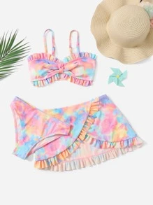 Tween Girl 3packs Tie Dye Print Ruffle Trim Bikini Set With Beach Skirt Summer Beach - Multicolor - View 1