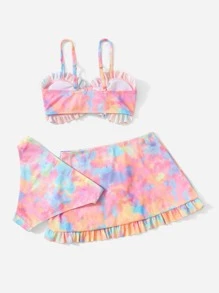 Tween Girl 3packs Tie Dye Print Ruffle Trim Bikini Set With Beach Skirt Summer Beach - Multicolor - View 2
