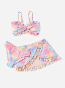 Tween Girl 3packs Tie Dye Print Ruffle Trim Bikini Set With Beach Skirt Summer Beach - Multicolor - View 3