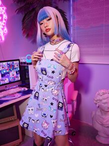 ROMWE Kawaii Cartoon Graphic Overall Dress - Mauve Purple - View 4