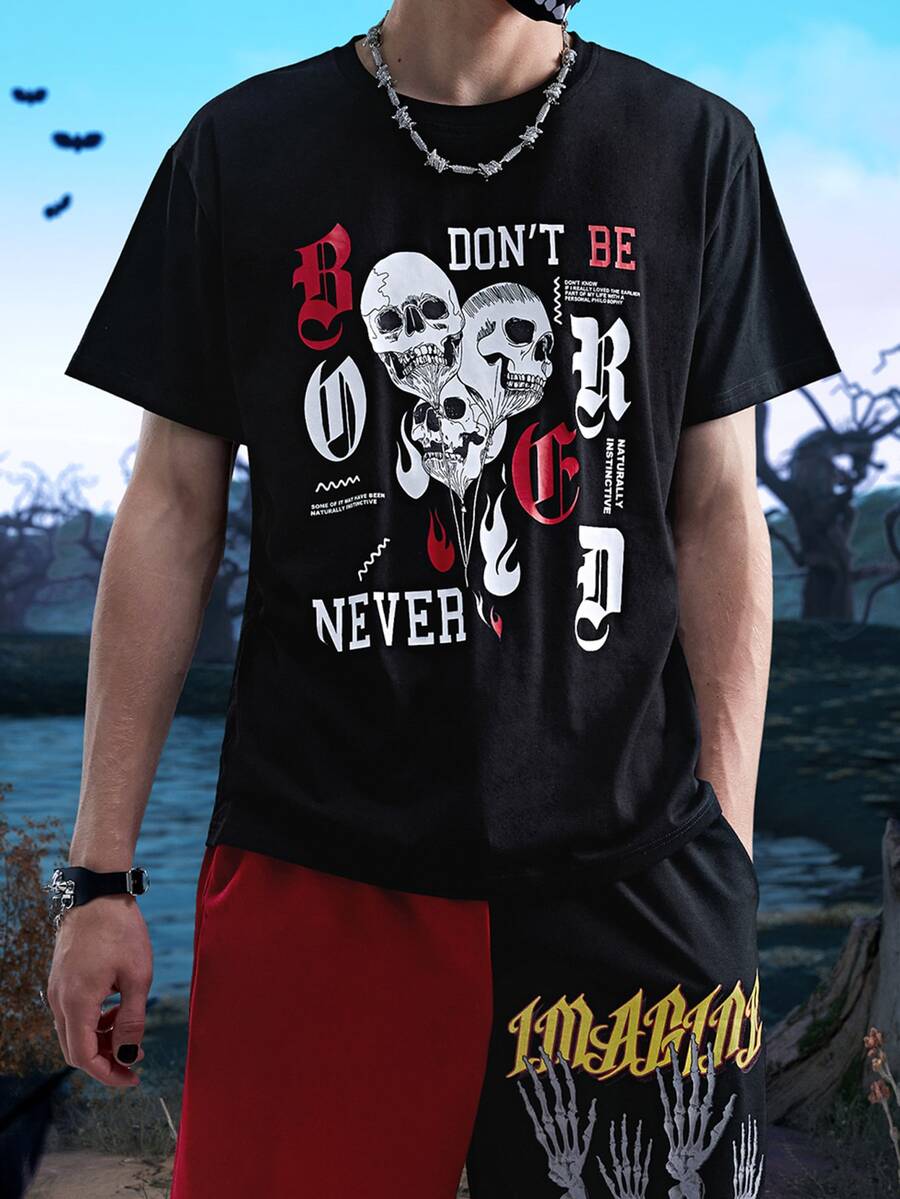 ROMWE MEN Goth Tops Nam Lễ Các Thánh Lá thư Đường phố - màu đen - Xem 1