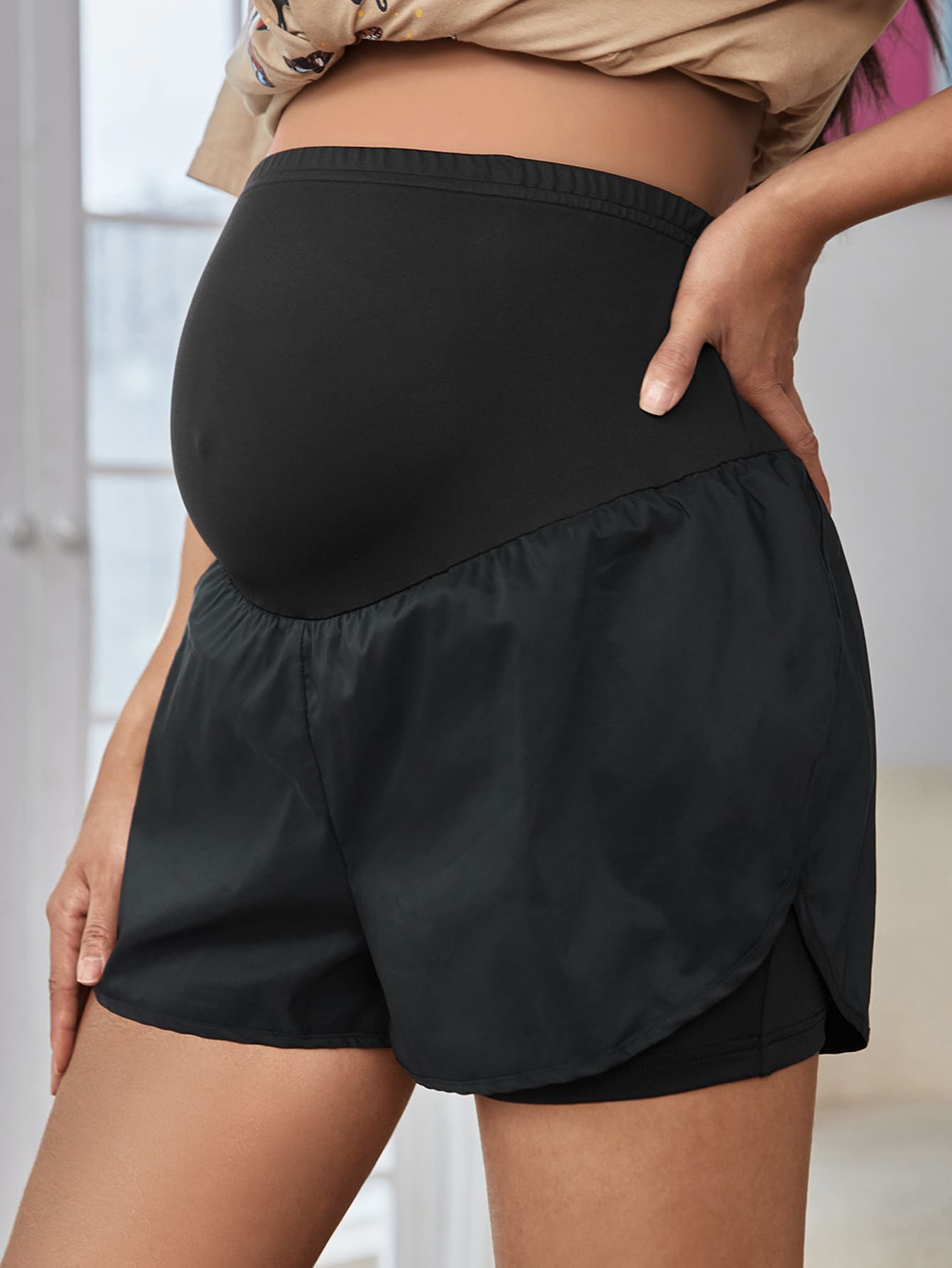SHEIN 孕婦寬腰帶假两件短褲 - 黑色 - 查看 1