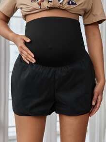 SHEIN 孕婦寬腰帶假两件短褲 - 黑色 - 查看 4