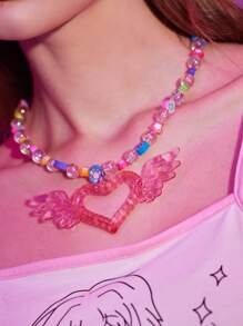 ROMWE Anime 愛心裝飾串珠項鏈 - 彩色 - 查看 4