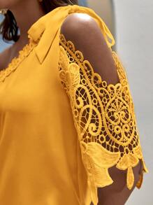 SHEIN Clasi Đầm Tương phản ren Thắt nút màu trơn Giải trí - Màu vàng - Xem 4