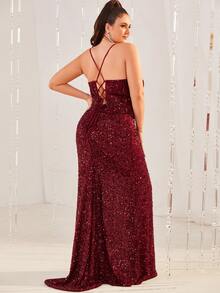 YISIKADO 大碼高衩亮片連衣裙 - 酒紅色 - 查看 2