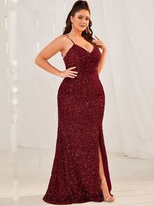 YISIKADO 大碼高衩亮片連衣裙 - 酒紅色 - 查看 4