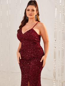 YISIKADO 大碼高衩亮片連衣裙 - 酒紅色 - 查看 6