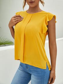 SHEIN Clasi Áo sơ mi nữ Nút Xù màu trơn Thanh lịch - Màu vàng - Xem 3