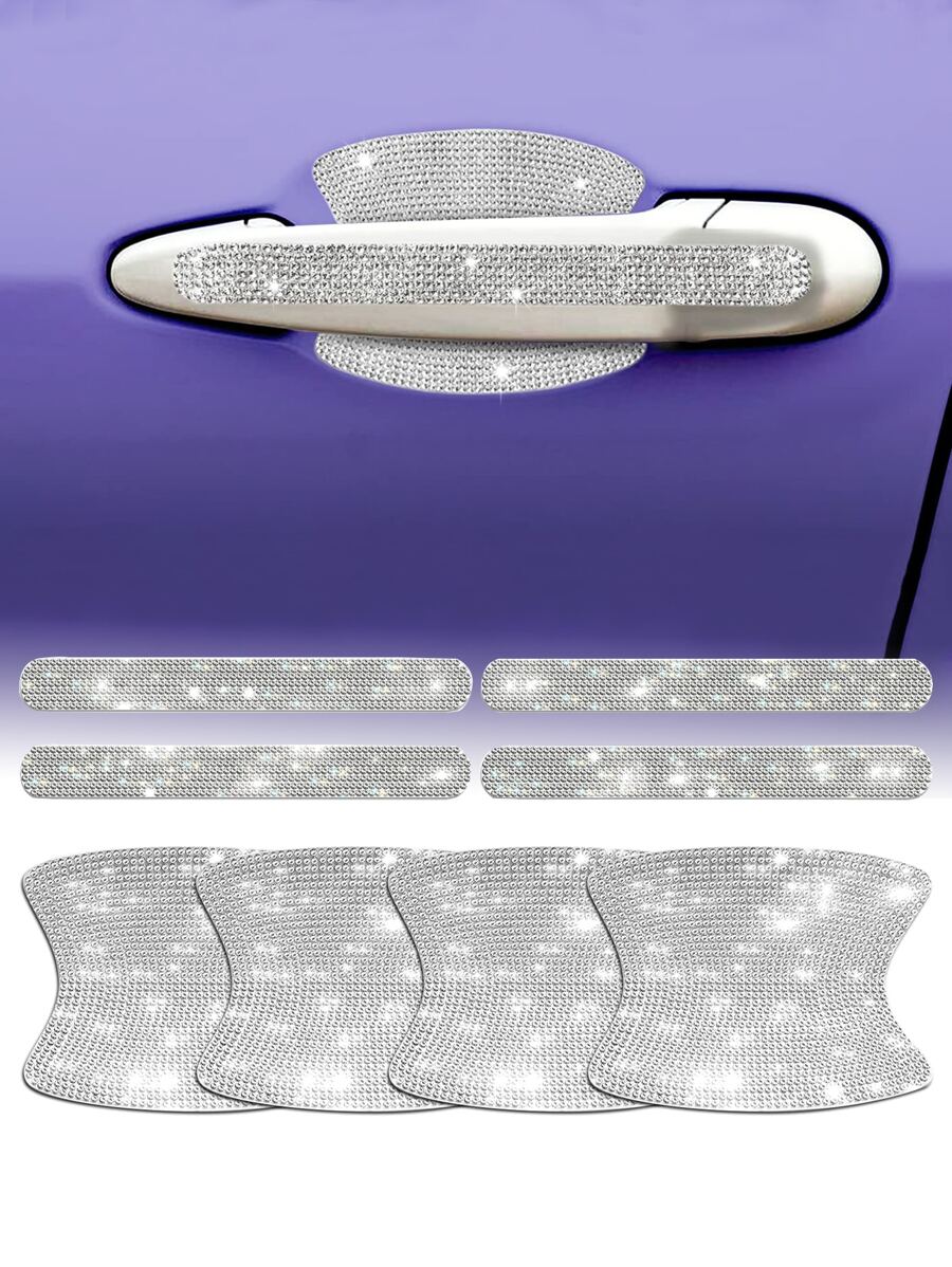 8 piezas Pegatina de manija de puerta de coche con diseño de diamante de imitación - Plateado - Ver 1