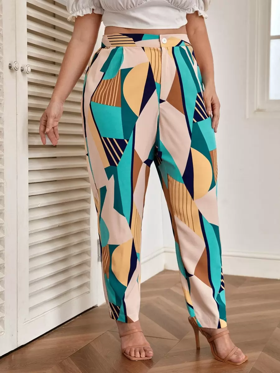 SHEIN Clasi Plus Striped & Geo Print Carrot Trousers - Multicolor - View 1