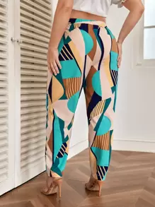 SHEIN Clasi Plus Striped & Geo Print Carrot Trousers - Multicolor - View 2