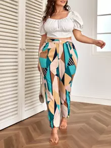 SHEIN Clasi Plus Striped & Geo Print Carrot Trousers - Multicolor - View 3