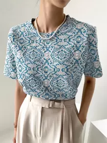 FRIFUL Jacquard Short Sleeve T-Shirt - Blue and White - View 1