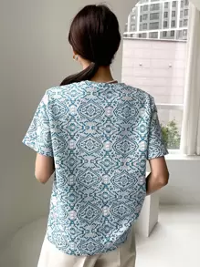 FRIFUL Jacquard Short Sleeve T-Shirt - Blue and White - View 2