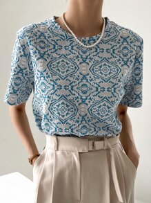 FRIFUL Jacquard Short Sleeve T-Shirt - Blue and White - View 5