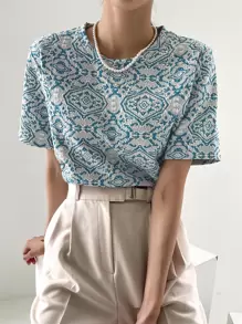 FRIFUL Jacquard Short Sleeve T-Shirt - Blue and White - View 7