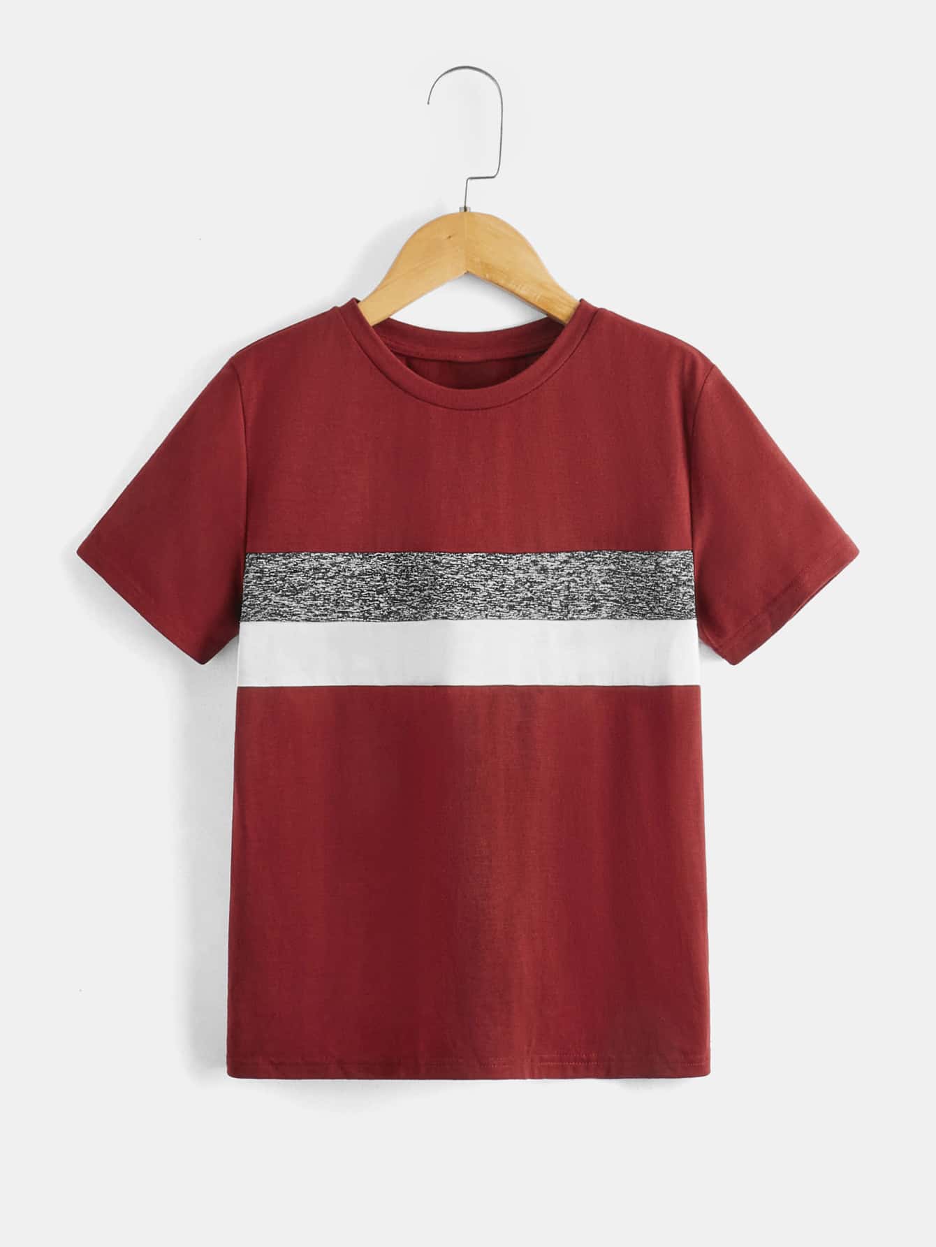 SHEIN Boys Colour Block Crew Neck Tee - Burgundy - View 1