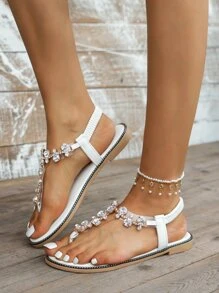 Glamorous Outdoors T-strap Flat Sandals For Women, Rhinestone Decor PVC Toe Post Thong Sandals - White - View 5