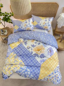Plaid & Flower Print Duvet Cover Set Without Filler - Multicolor - View 1