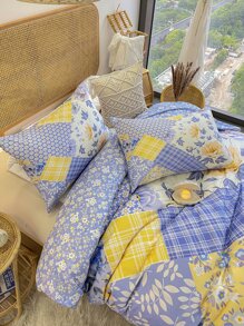 Plaid & Flower Print Duvet Cover Set Without Filler - Multicolor - View 3
