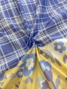 Plaid & Flower Print Duvet Cover Set Without Filler - Multicolor - View 4