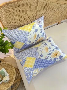 Plaid & Flower Print Duvet Cover Set Without Filler - Multicolor - View 7