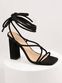 Knotted Strap Square Toe High Heel Sandals - Black - View 2