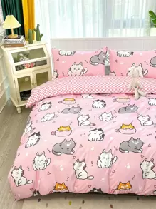 Cartoon Cat Pattern Duvet Cover Set Without Filler - Multicolor - View 3