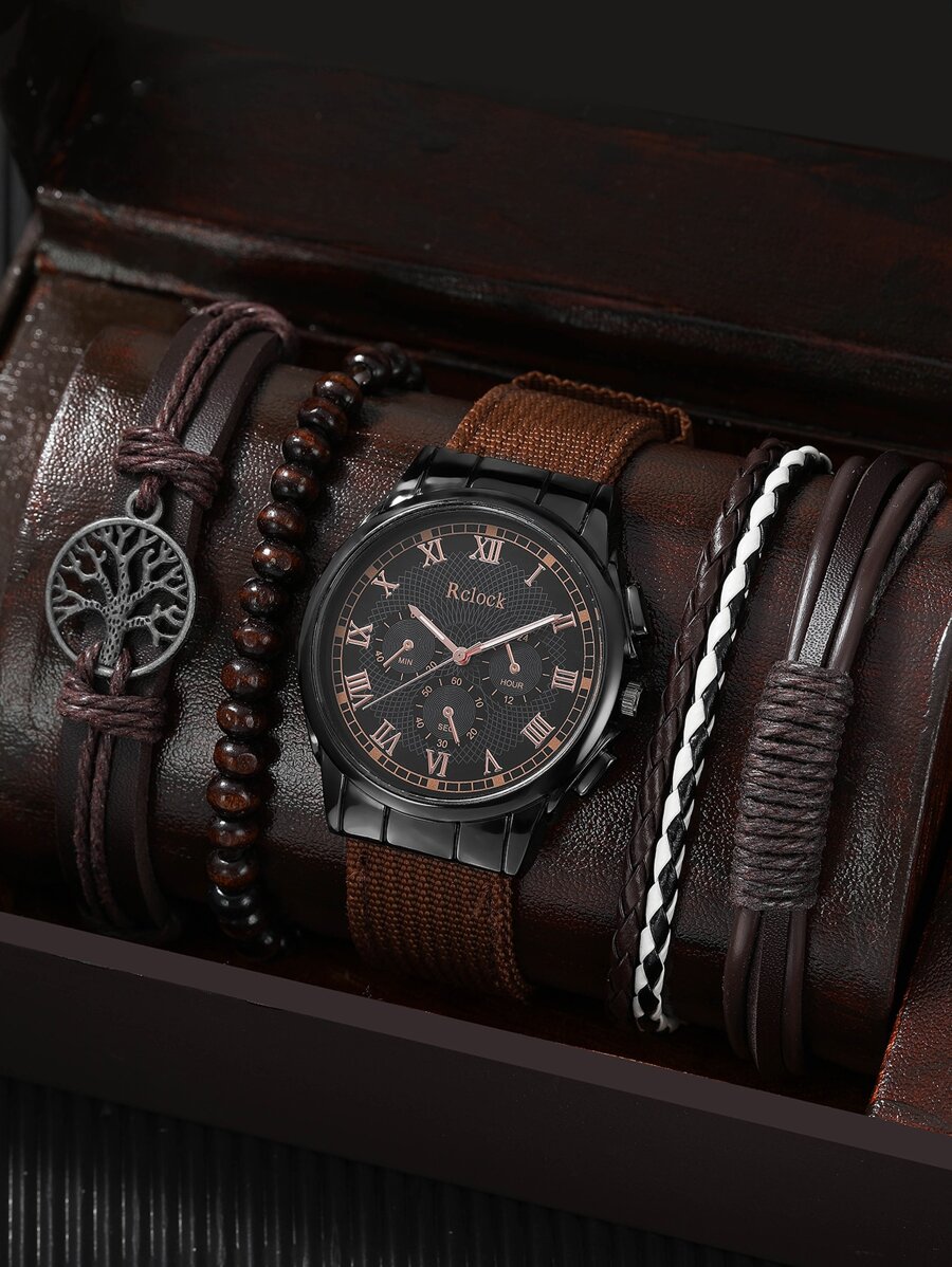 1pc Men Quartz Watch & 4pcs Bracelet - Brown - View 1