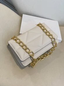 輕便商務休閒迷你幾何壓花鏈條翻蓋方形包適合青少年女孩女大學生、菜鳥和白領完美適合辦公室、大學、工作、商務、通勤、戶外、旅行、郊遊 - 米色 - 查看 2