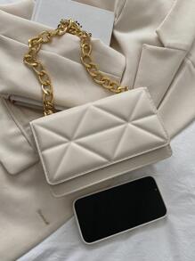 輕便商務休閒迷你幾何壓花鏈條翻蓋方形包適合青少年女孩女大學生、菜鳥和白領完美適合辦公室、大學、工作、商務、通勤、戶外、旅行、郊遊 - 米色 - 查看 5