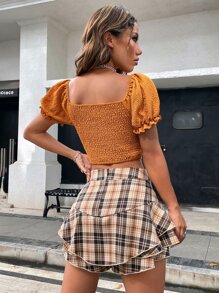 SHEIN ICON Puff Sleeve Shirred Back Garter Blouse - Mustard Yellow - View 2