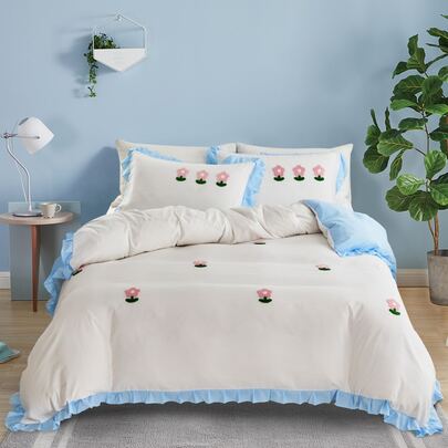 Flower Embroidered Duvet Cover Set Without Filler